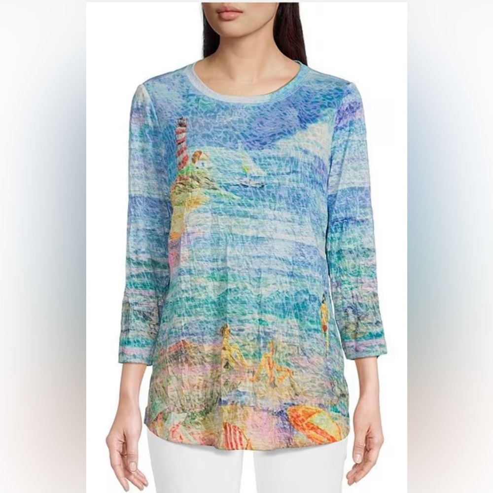 Ali Miles Petite Burn Out Crinkle Knit Round Neck 3/4 Sleeve Hi-Low Hem Printed…